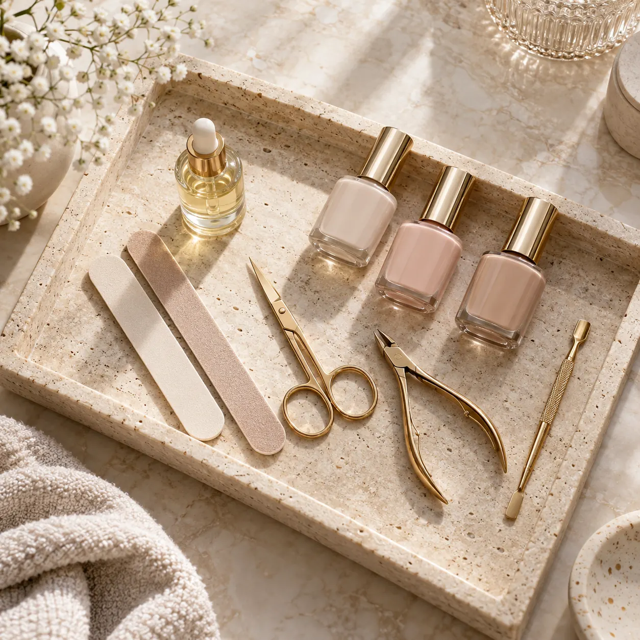 Manicure tools, cuticle oil and nude polish bottles on a travertine tray